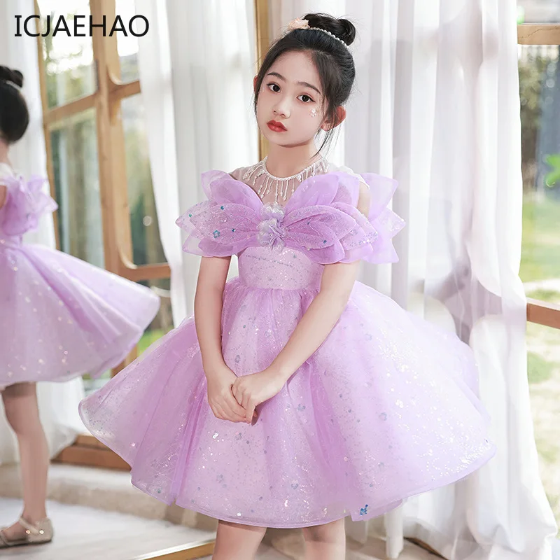 ICJAEHAO 2024 New Purple Flower Patchwork Prom Gown Vestidos Waist Tight Kids Costume Dance Princess Party Dresses for Girls