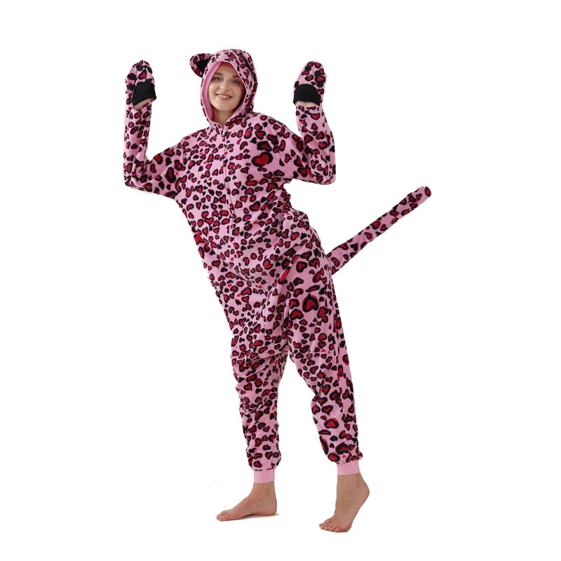 Women Clothing Pink Leopard Cosplay Costume For Adults Halloween Animal Full Body Pajamas Fleece Kigurumi Long Sleeves Homewear