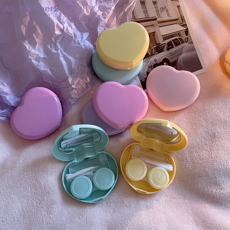 Travel Color Contact Lenses Box for Eyes Tool Kit Women Girl Heart Lady Holder Storage Eye Care Container with Mirror Tweezer