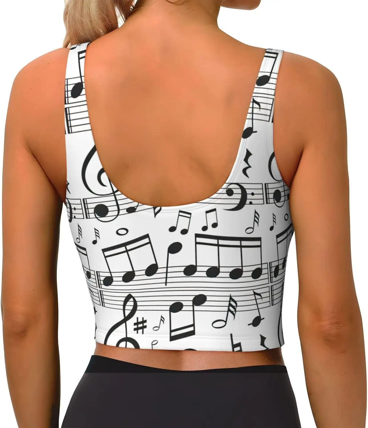 Music Note Print Women'S Strappy Sports Bra Stretch Gym Bras U Neck Yoga Tops Comfort Seamless Bra