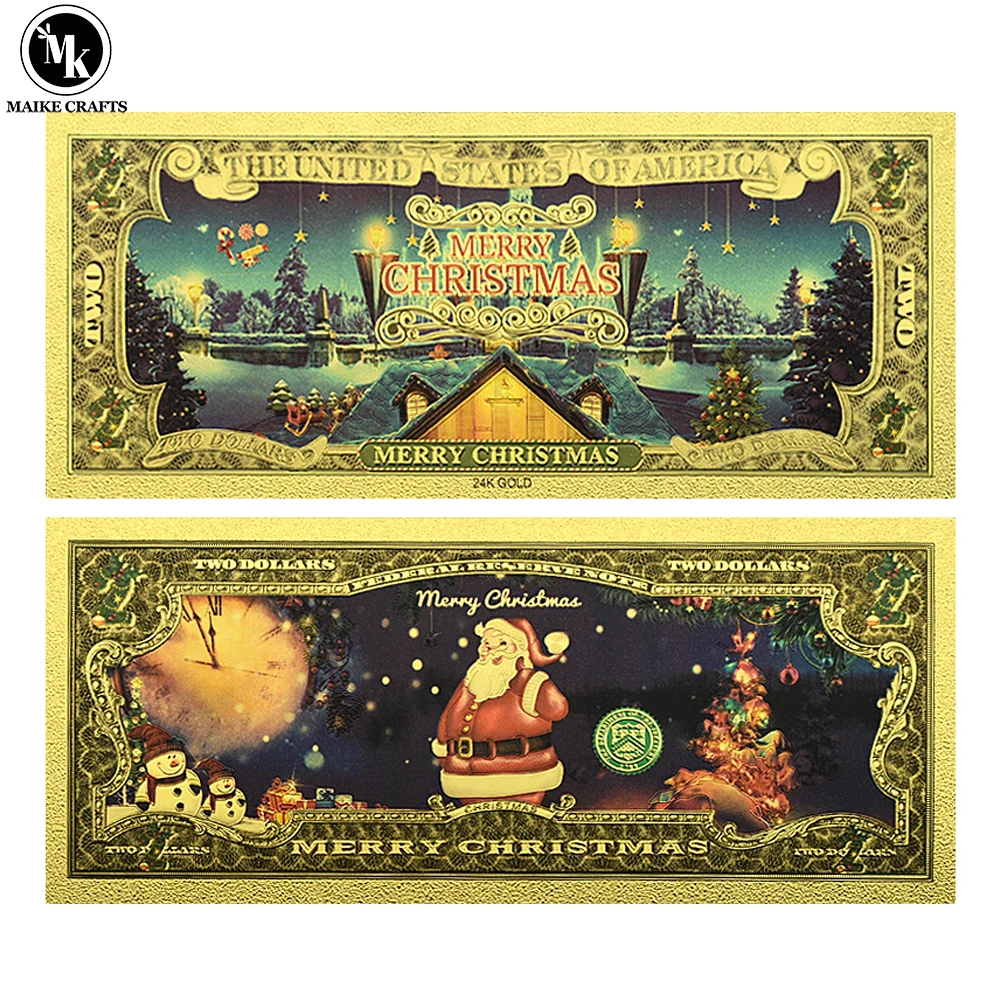 

Christmas Gold Foil Banknote Two Dollar Commemorative Collection Santa Claus Plastic Card New Year Christmas Gift