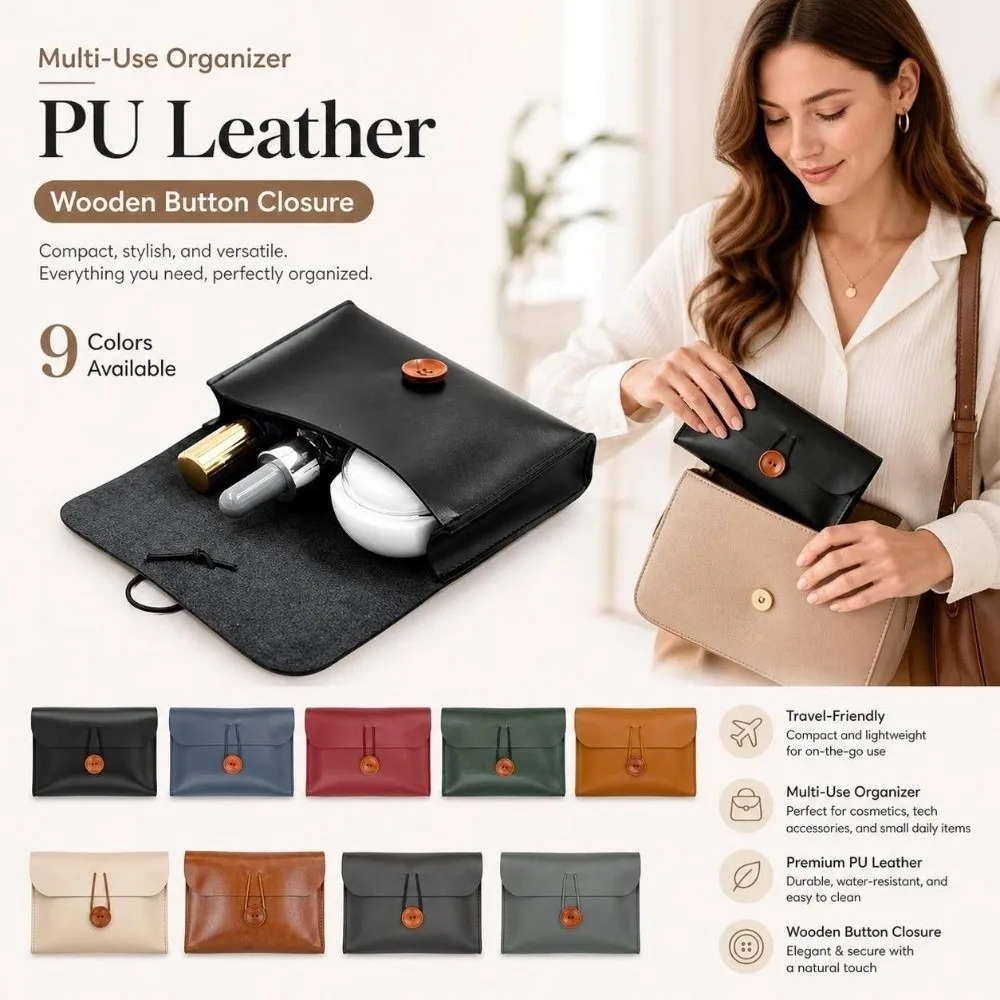 Portable Soft PU Leather Cosmetic Bag Waterproof Button Closure PU Storage Bag Lightweight Accessories Organizer Home Storage