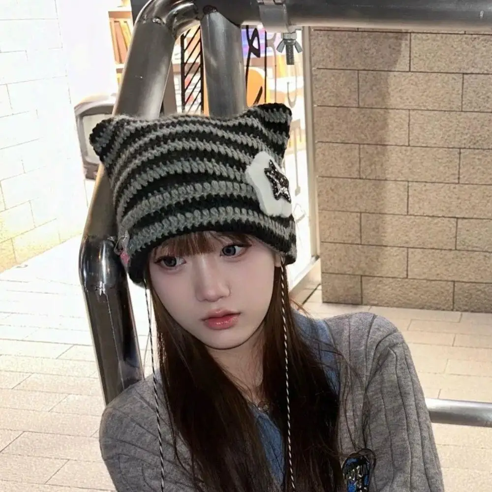 

Хип-хоп Y2K Шапка-бини Панк Котячие уши Острый пуловер Шапки Женская зимняя шапка Уличная одежда Harajuku Шапка-бини Harajuku Punk Шапки-бини