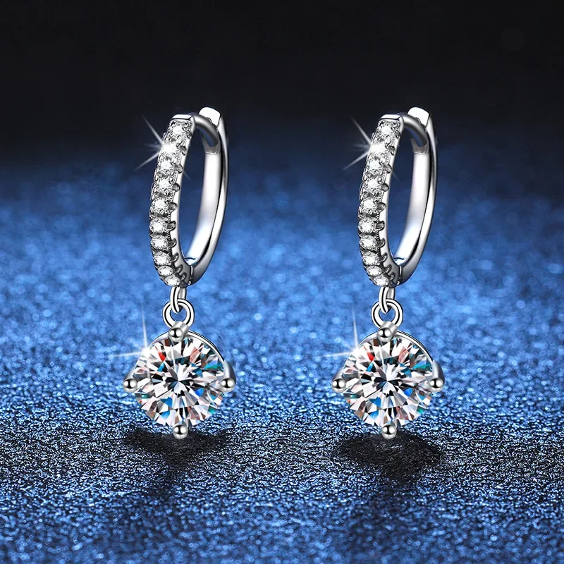 0.5/1ct Moissanite Drop Earring for Women Classic 4 Claw Sparkling Wedding Diamond Earring 925 Pure Silver Plated Rhodium