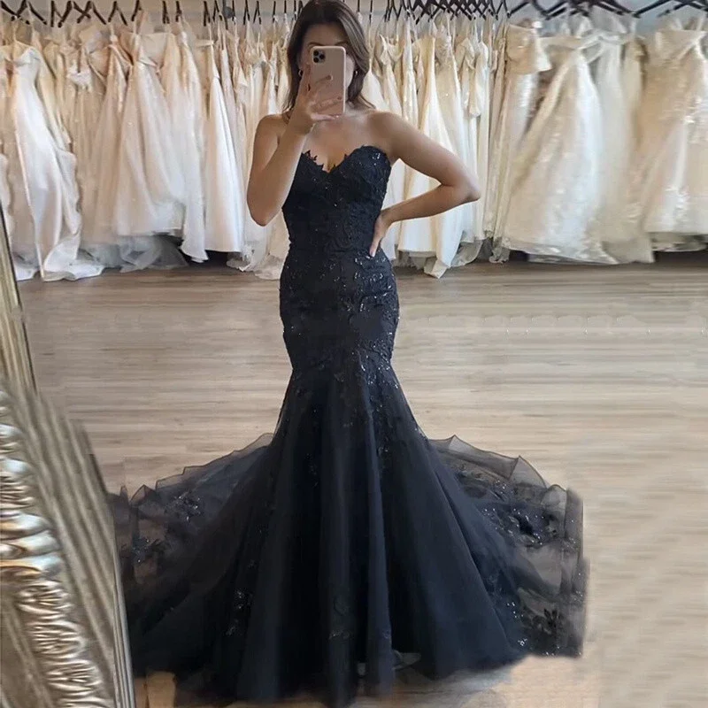 

Gothic Black Mermaid Wedding Dress Court Train Sleeveless Long Bridal Gowns Lace Appliques Customized Vestidos De Novia