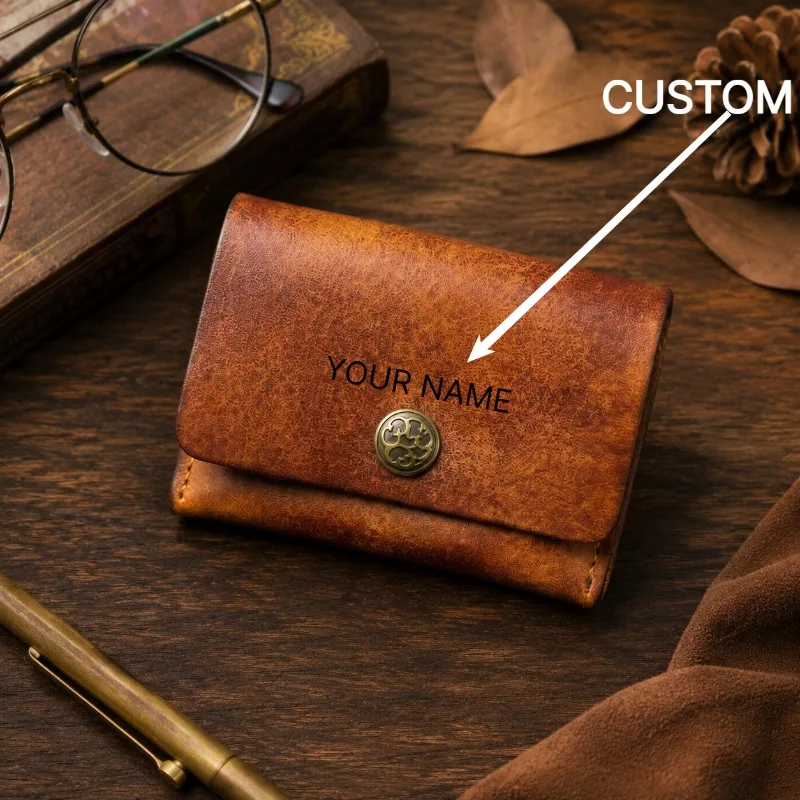 New Vegetable Tanned Leather Slim Card Holder Wallet Handmade Vintage Minimalist Coin Purse Pocket Gift Custom Engraving