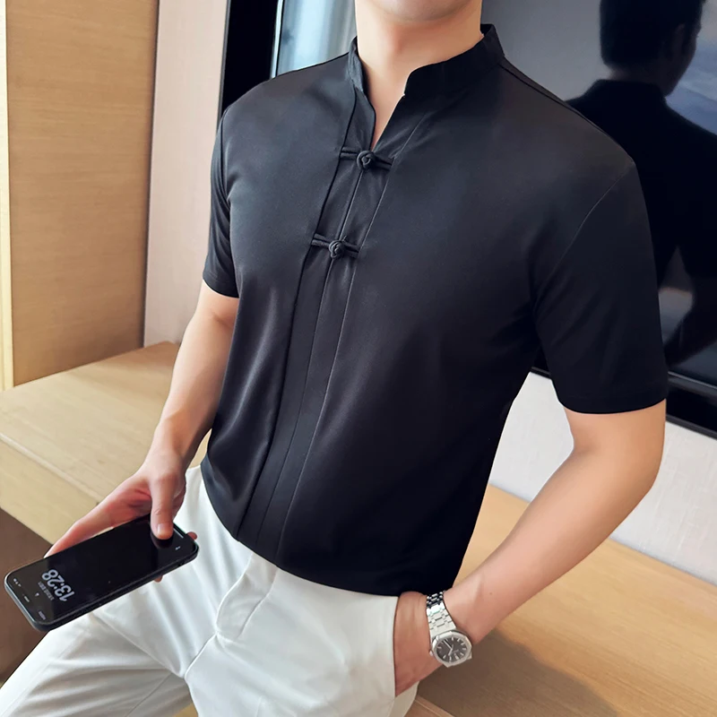 Chinese Style Buckle Design Men\'s Short Sleeve V-neck Polo Shirt, Stretchable, Breathable, Stand-up Collar T-shirt.M-4XL