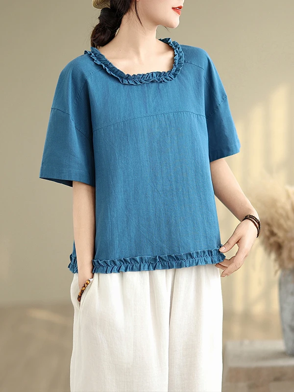 

Chic Lace Trim round Neck Short Sleeve Shirt Beautiful Design Unique Style Women's Fashion Cotton Blend Summer Shirt