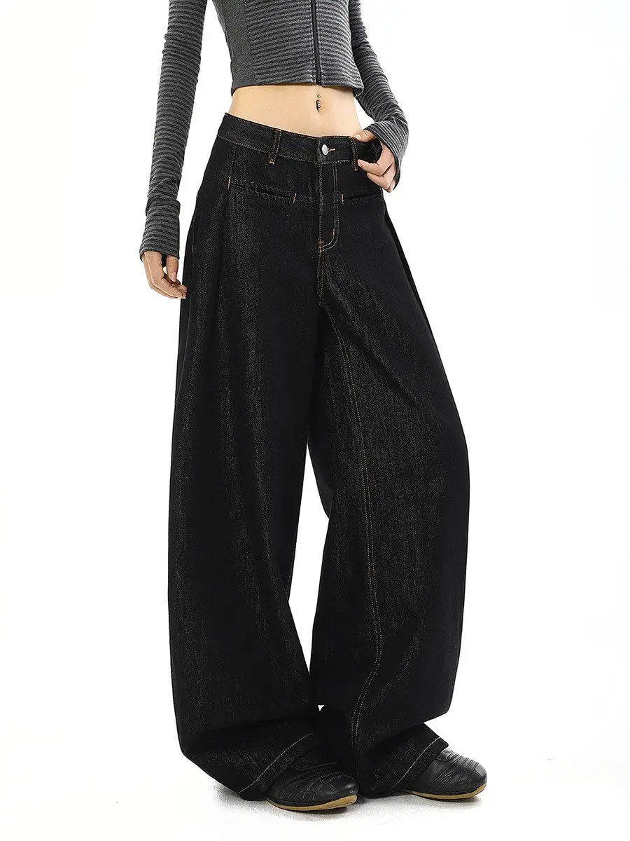 Women's Black Gothic Y2k Gyaru Emo Baggy Jeans Oversize Denim Trousers Vintage Harajuku Grunge Alternative Wide Leg Jean Pants