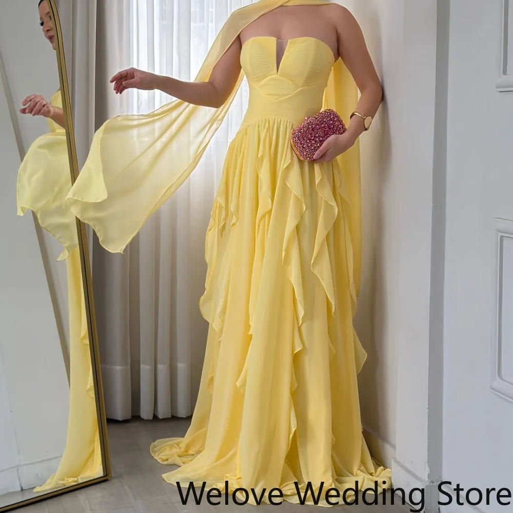 Customized Bright Lemon Yellow Formal Evening Dress Strapless Front Keyhole Boned Corset Bodice Cascading Ruffle