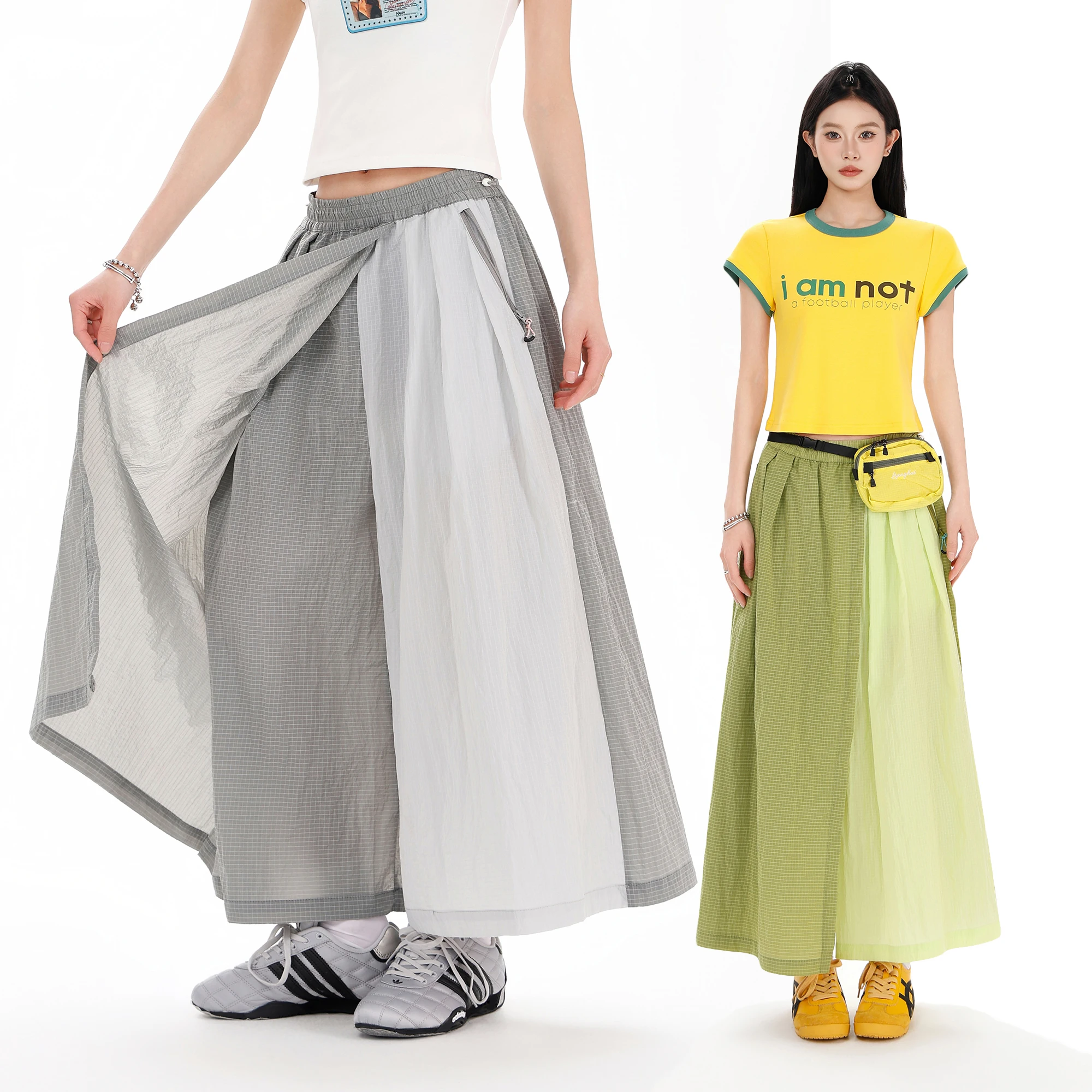 Women's Water-Repellent Summer Skirt-Pants – Mid-Waist, Asymmetrical Hem & Color-Block Design for Urban Outdoor & Casual Wear
