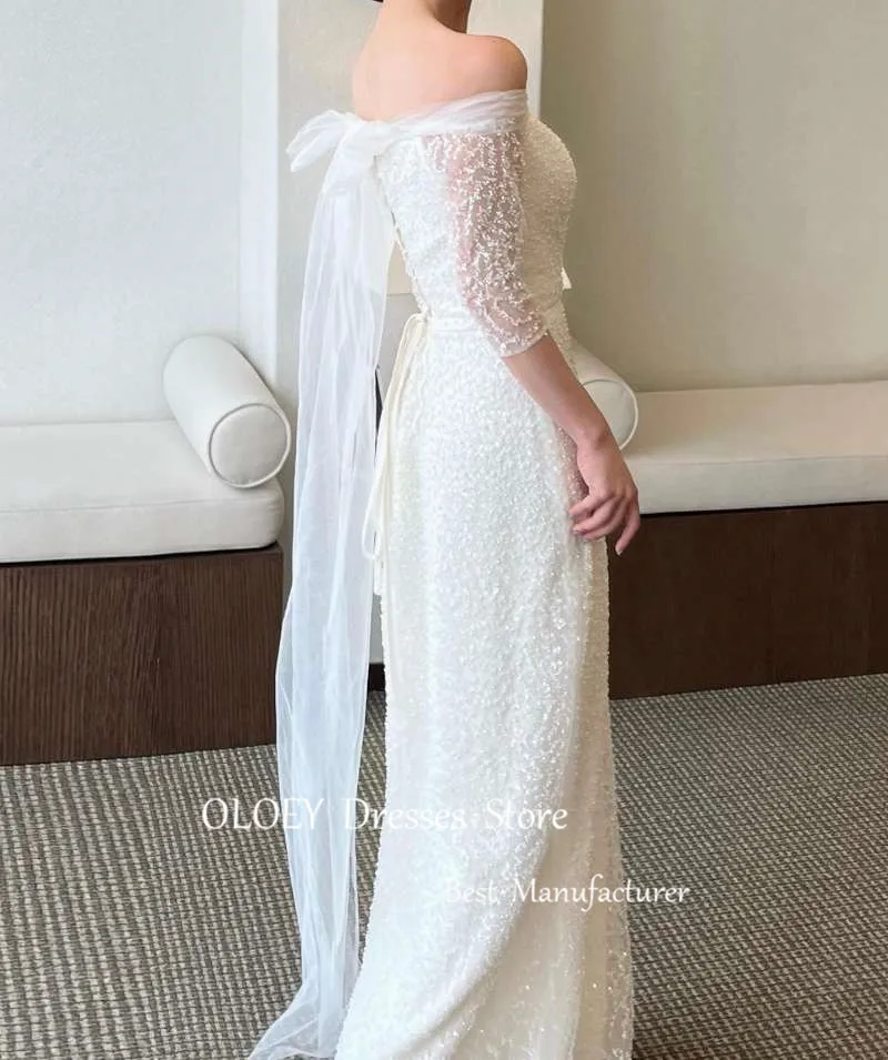 OLOEY Elegant Glitter A Line Korea Wedding Gowns Photo shoot Strapless Half sleeves Floor Length String Back Bride Dress