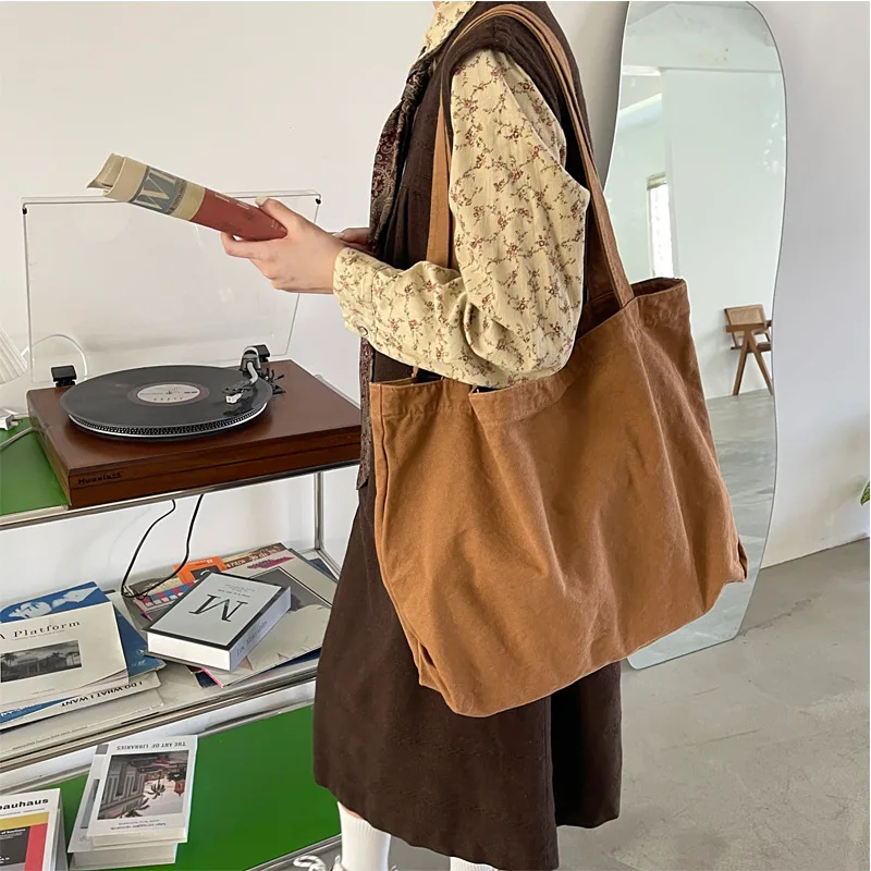 

Korean Vintage Washed Canvas Tote - Large Capacity Lightweight Shoulder Bag Simple Solid Color for Women