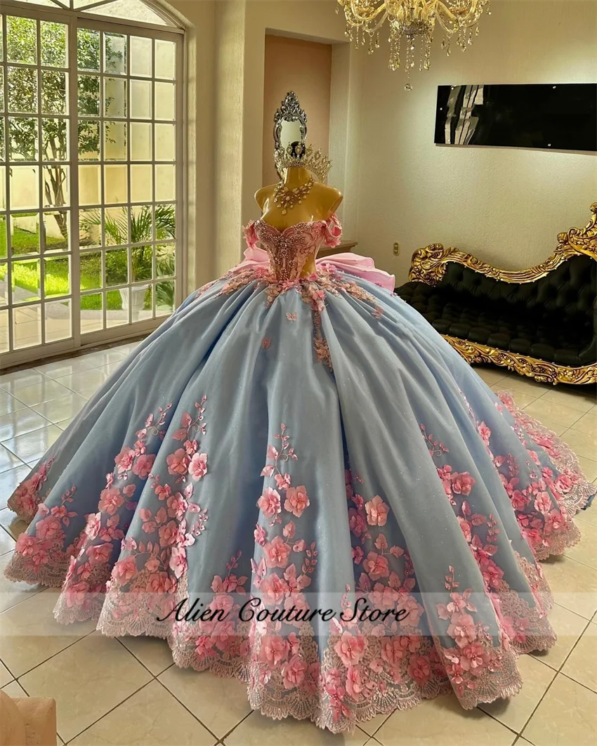 Vestido De quinceañera De princesa con flores azules De lujo, cuentas De cristal, apliques De flores 3D, Vestido dulce 16, Vestido De 15 Años personalizado