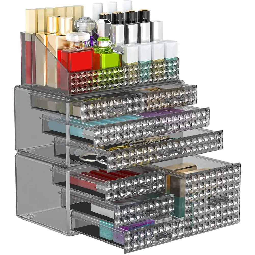 

Набор из 3 органайзеров для косметики, штабелируемые [Улучшенная версия], акриловые контейнеры для хранения косметики с 8 выдвижными ящиками, органайзеры для духов и подставки для кистей