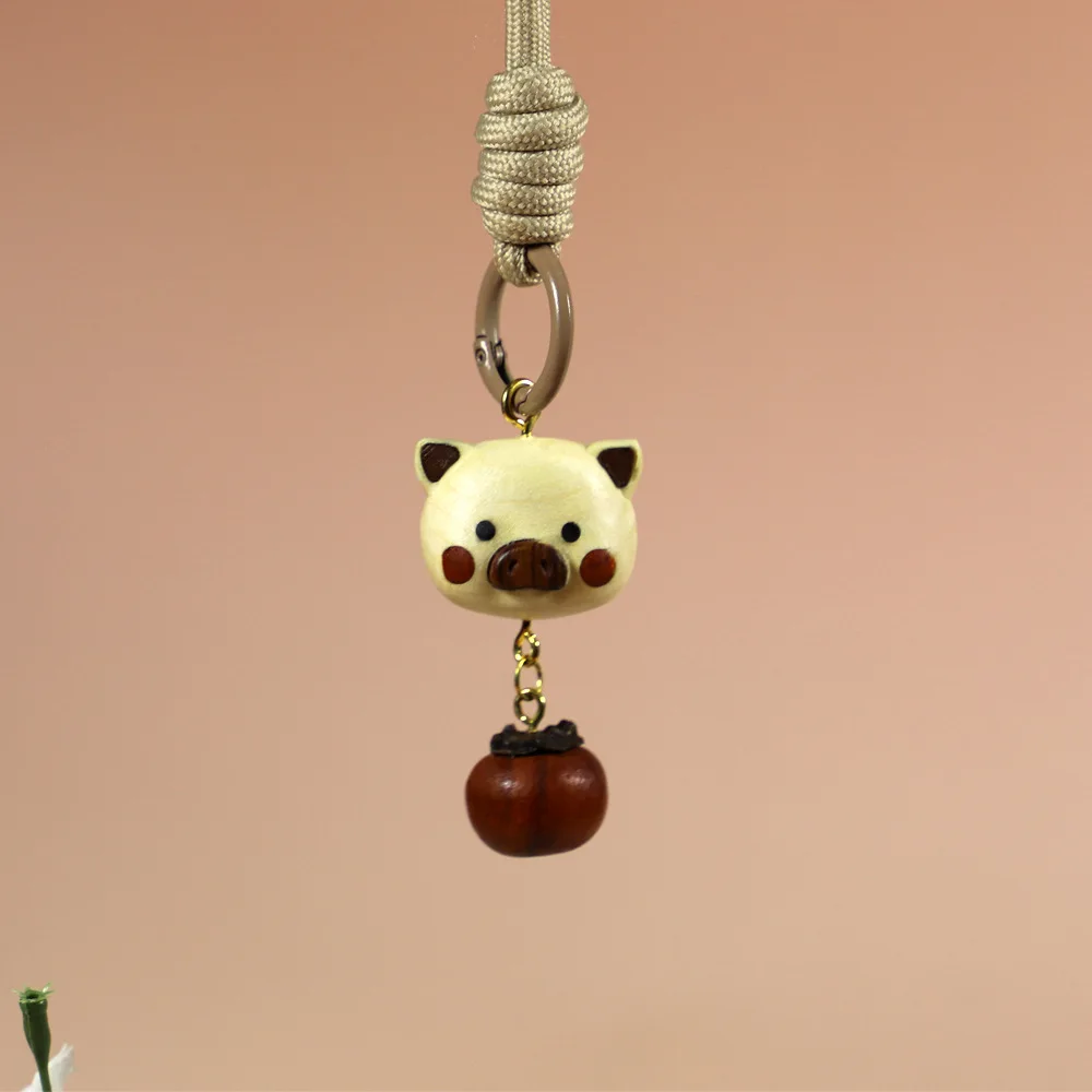 Natural Wood Pig Persimmon Pendant Keychain Cute Creative Bag Hanging Decor Lucky Design Gift Car Ornament