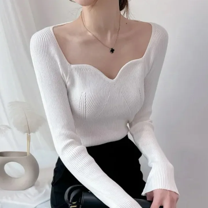 

Chic V-Ne Knitted Slim Fit Long Sve Base irt Women's Faionable Trendy Commute Sle Gluechic Spring Season Top