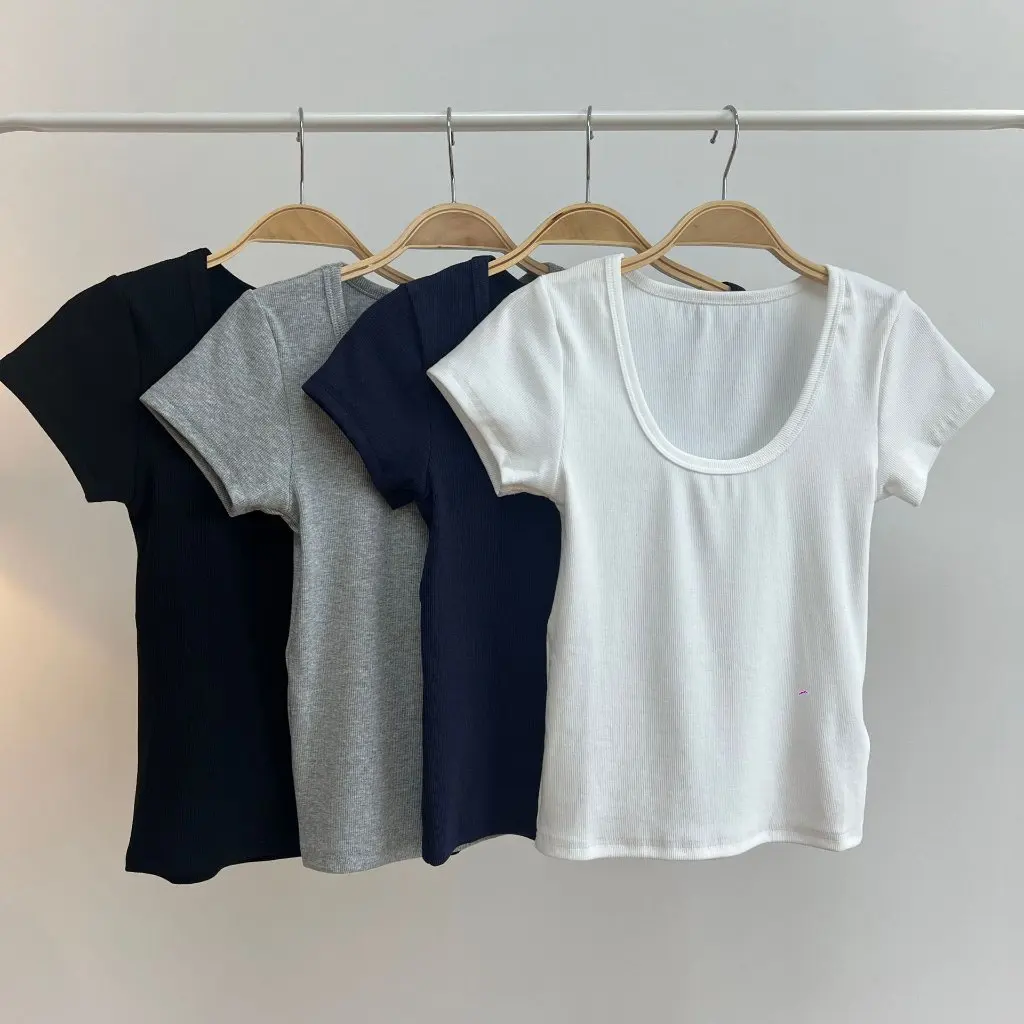 

Summer Essentials Women's Slim-fit T-Shirt Large U Collar Shoulder Short Sleeve Fashion All-match Solid Color Basic Top