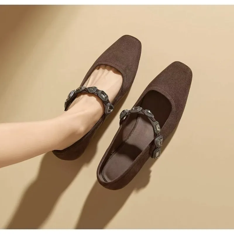 French Rhinestone One-strap Flat Shallow Opening Mary Jane Single Shoe 2025 New Style Small Square Toe Low-heeled Ballet Shoe