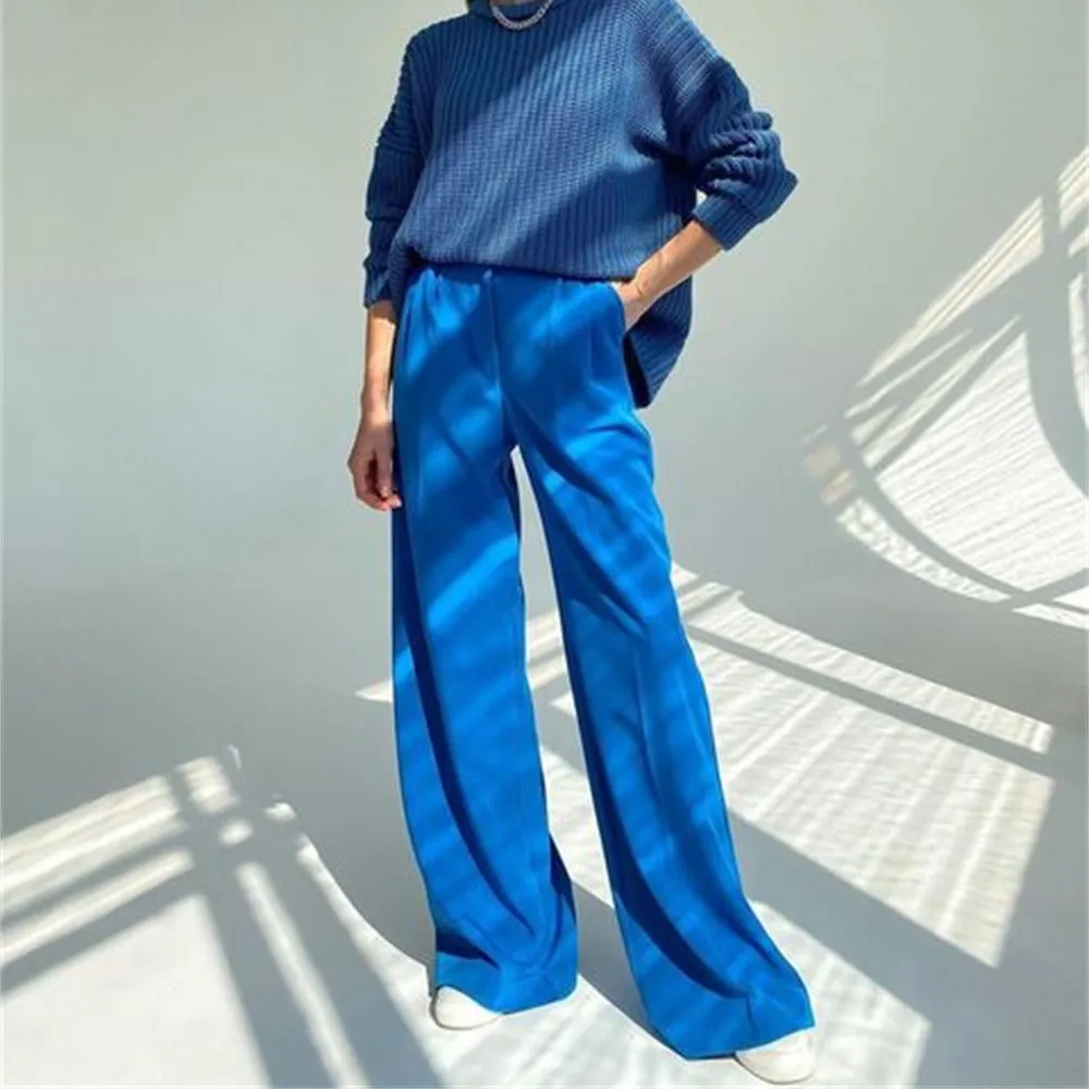 Ele Casual Women's Slim Pants High Waist Straight Leg Pants Versatile Long Trousers for Spring Autumn Polyester Material