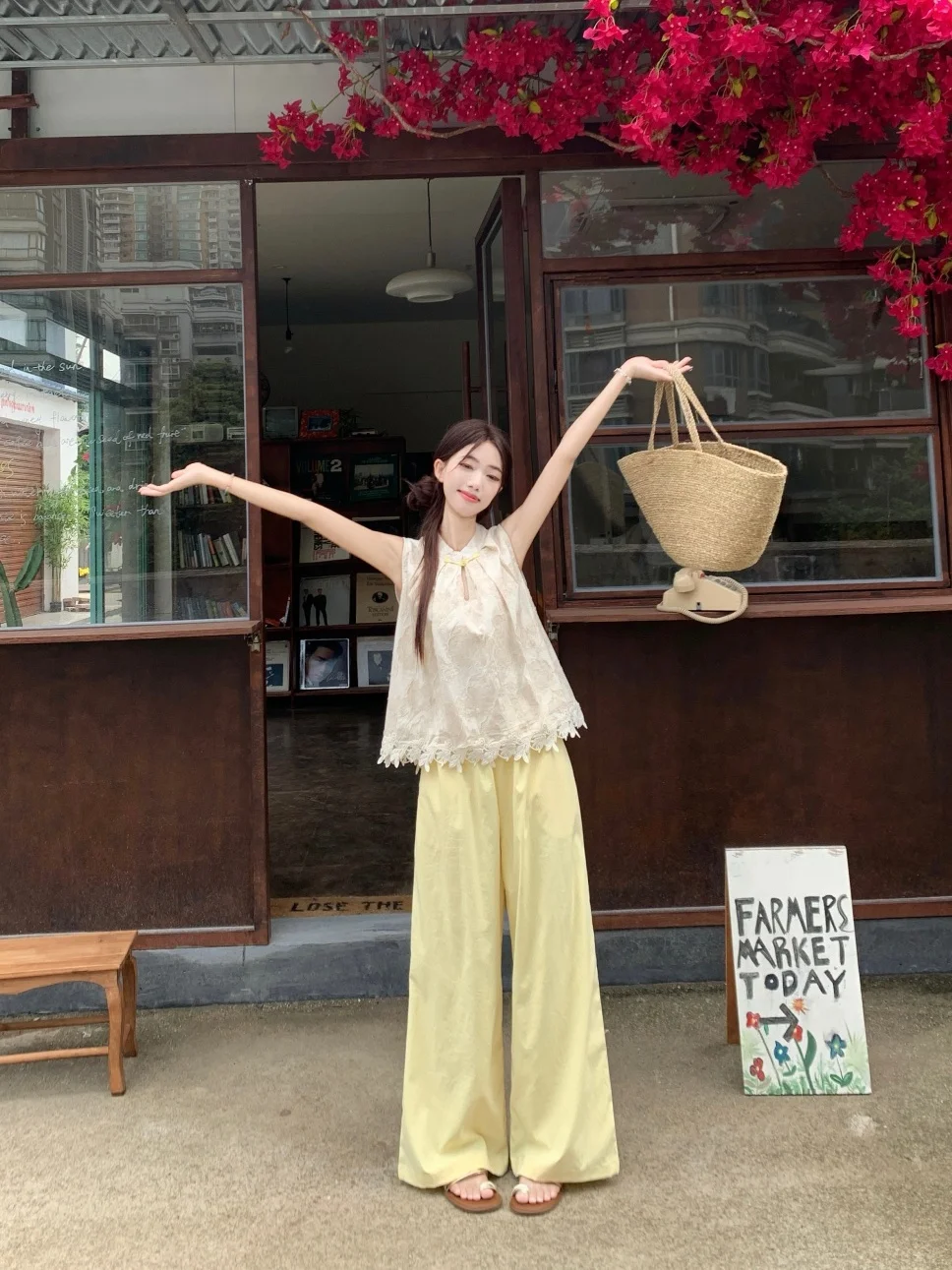 

Sweet High Waist Sleeveless Stand Collar Two-Piece Set for Women Summer Casual Straight Leg Pants Fashion Ensemble