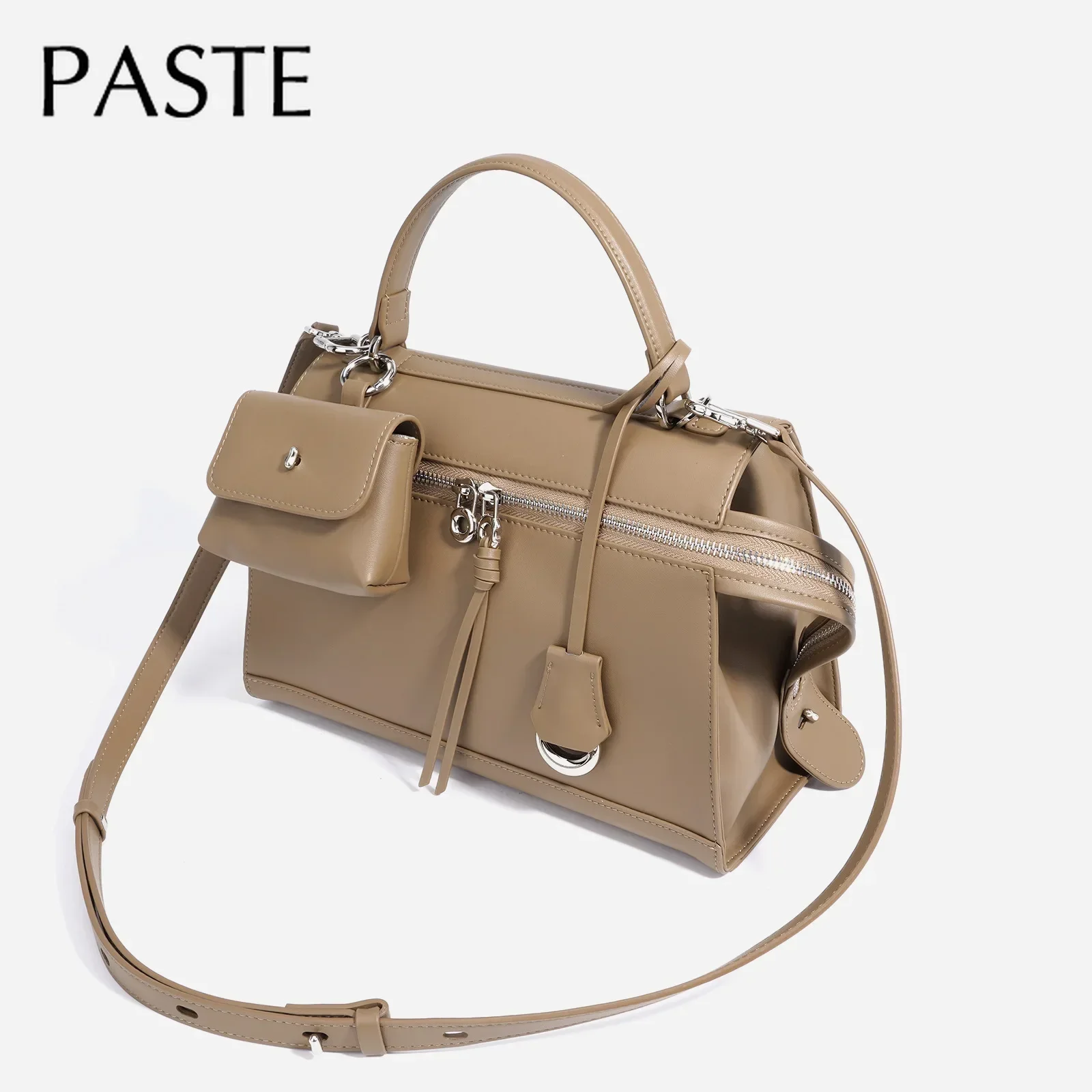 New 2025 Coffee Kakhi Color Plain Split Cow Leather Cool Tote Glossy Hard Leather Women Shoulder Bag with Wallet Briefcase