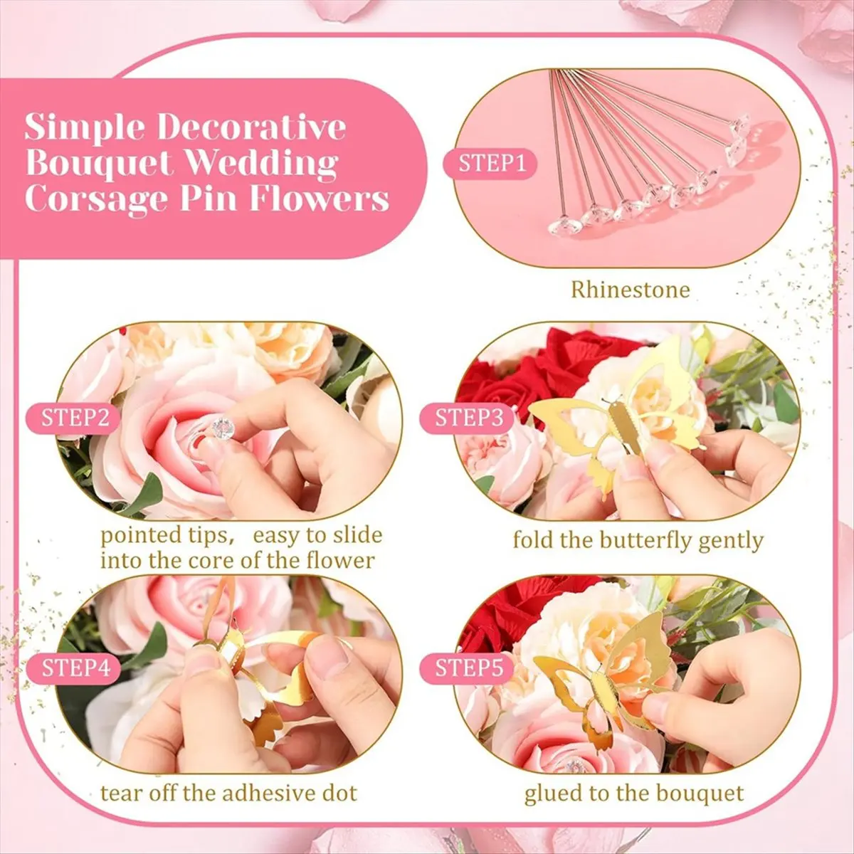 544~Flash166 Pcs Crown Decor for Flower Bouquet with 6 Crown Cake Topper 100 Corsage Pins 60 Butterflies Multicolor
