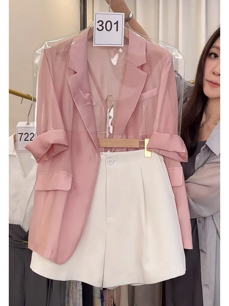 

Spring Summer New plus Size Women's Slimming Pink Casual Thin Suit ort Pants Set High Faion Small Fraance Sle