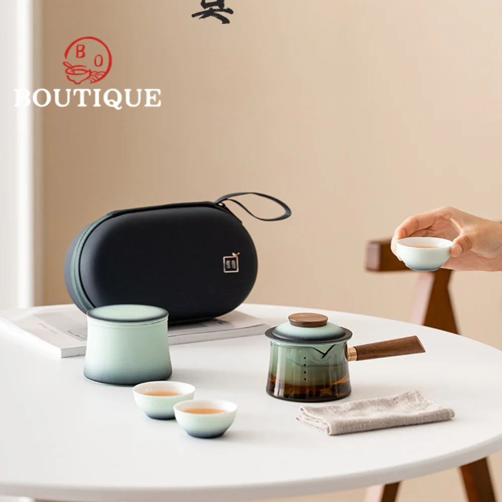 Leisure Side Handle Glass Pot Tea Set Kit Elegant 1 Pot 3 Cups Tea Maker Travel Tea Set Tea Caddy Outdoor Portable Equipment