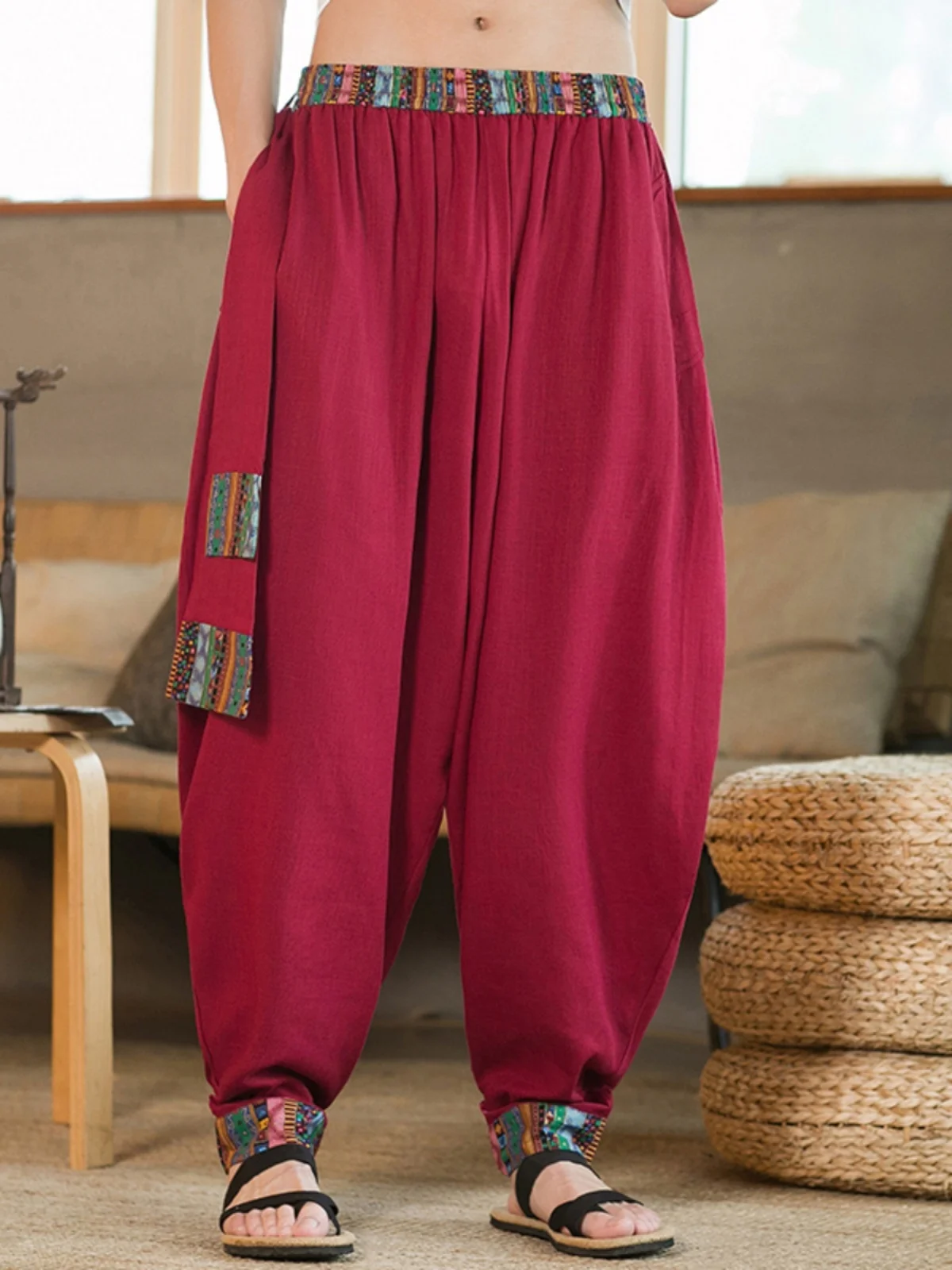 

Loose Fit Linen Cotton Wide Leg Pants Men's Spring Summer Ethnic Print Zen Sle Casual Trousers Comfortable Harlan Pants