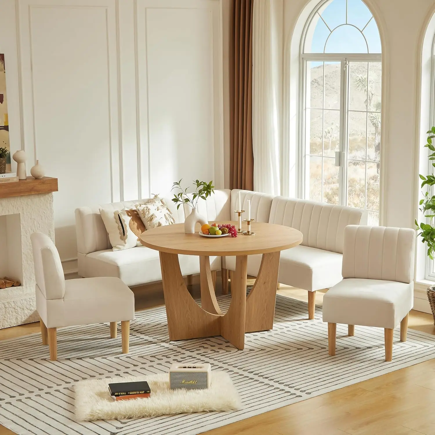 Round Dining Table Set with Loveseat & Chairs, 47 Inch Farmhouse 5-Piece Round Table Setting for 4 to 6, Wood Circle