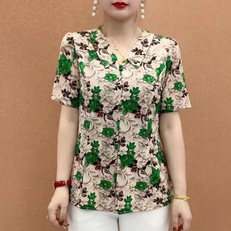 Summer New Women's Blouse lapel Neck Button Printed Ventilate All-match Elegant Loose Comfortable Three Quarter Tops image 4