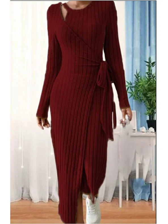 2024 Spring Autumn New Women\'s Stripe Lace Fashion Round Neck Long Sleeve Slim Fit Wrap Hip Bow Casual Comfortable Dress