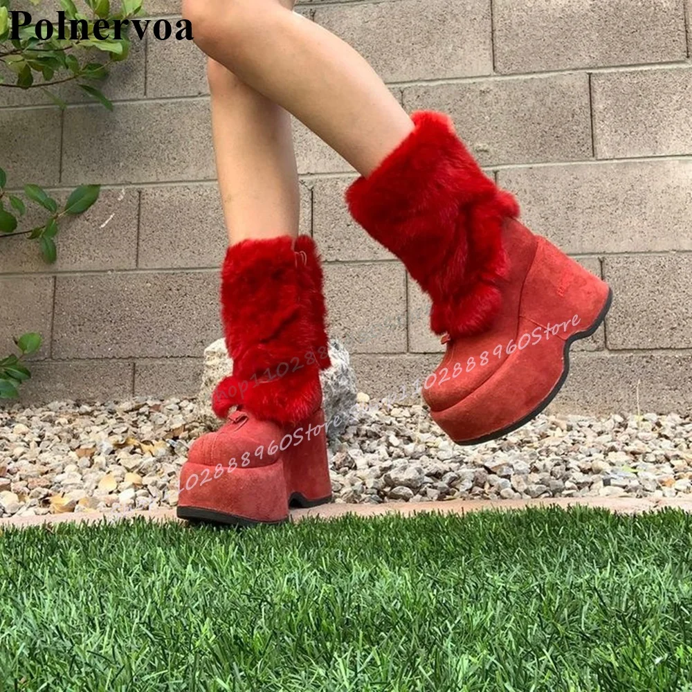 

Mid Calf Red Furry Thick Soled Warm Boots Wedges Heel Shoes For Women Side Zipper Round Toe 2025 Fashionable Zapatos Para Mujere