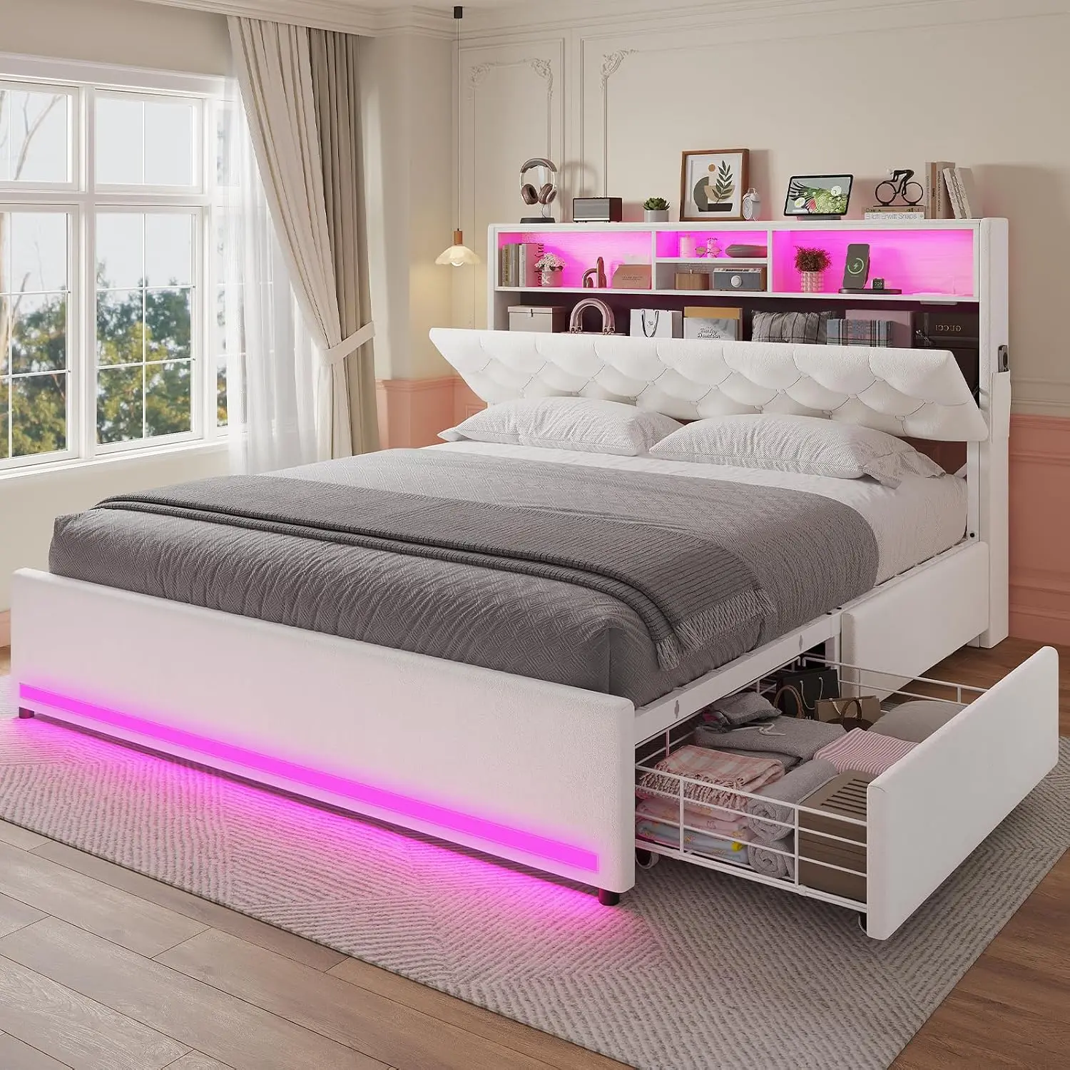 Queen Bed Frame with Bookcase Headboard,LED Bed Frame with 4 Storage Drawers,Power Outlet, Customized
