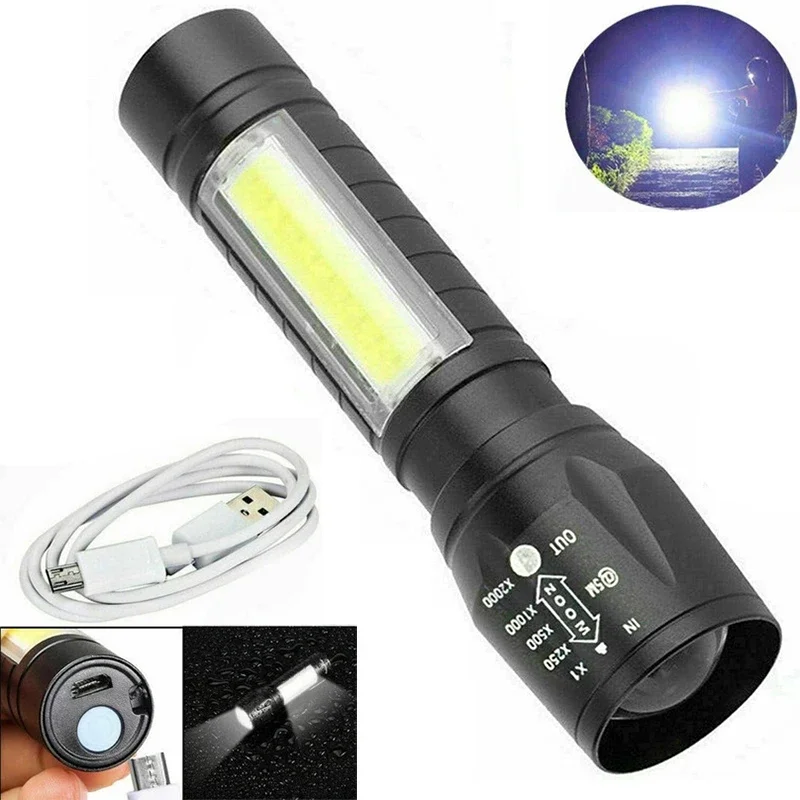 Portable USB Rechargeable T6 COB LED Flashlight Waterproof Zoomable Torch