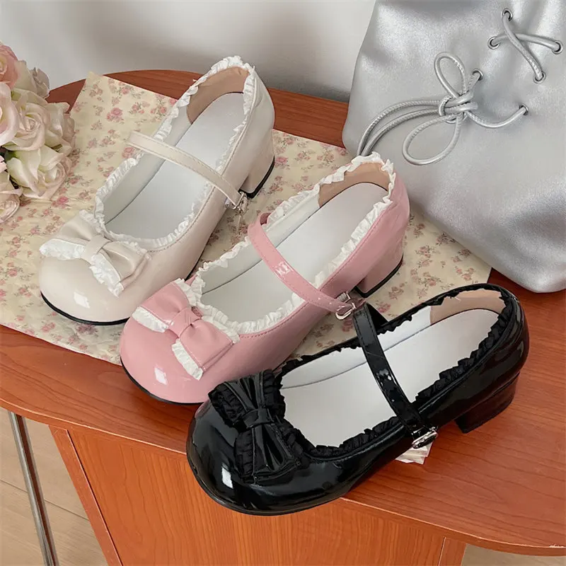 Pink Cute Ballet Shoes Women sweet Bowtie Lolita shoes Round Toe Chunky Heel Mary Jane Shoes Ladies Elegant Shallow Sandals