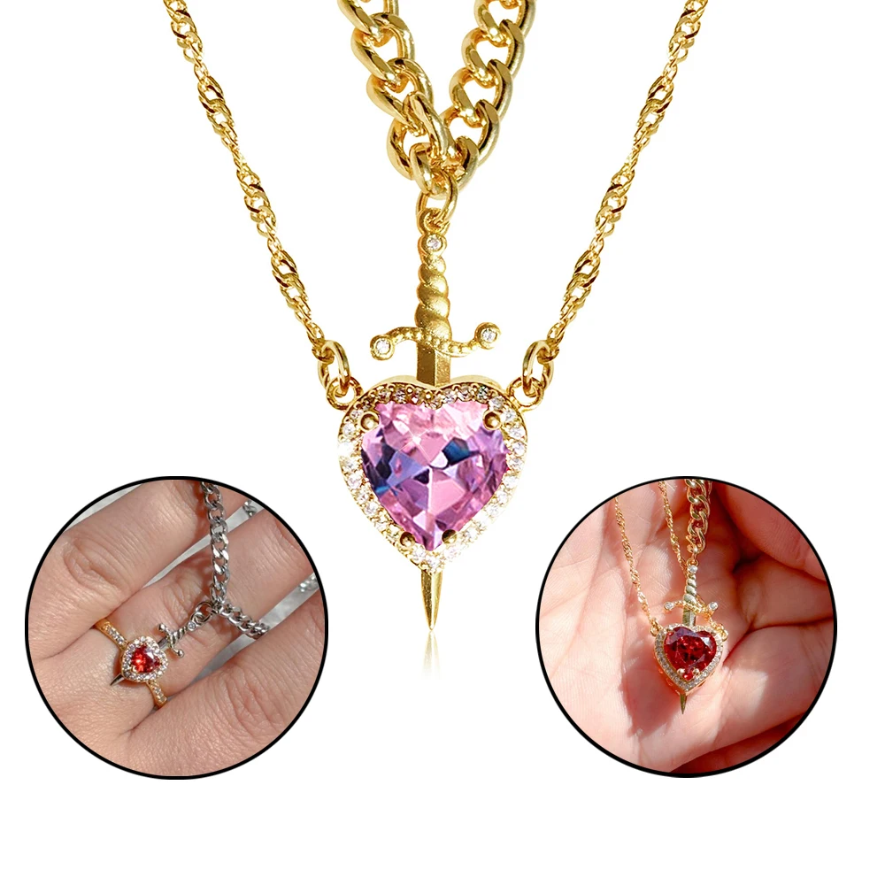 Heart and Sword Stainless Steel Necklace Double Layer Chain Crystal Charm Couple Friendship Necklaces for Women Girls