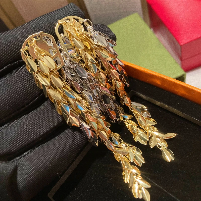 European exaggerated metal wheat ear long tassel earrings ins design leave tassel show stage vintage elegant eardrop