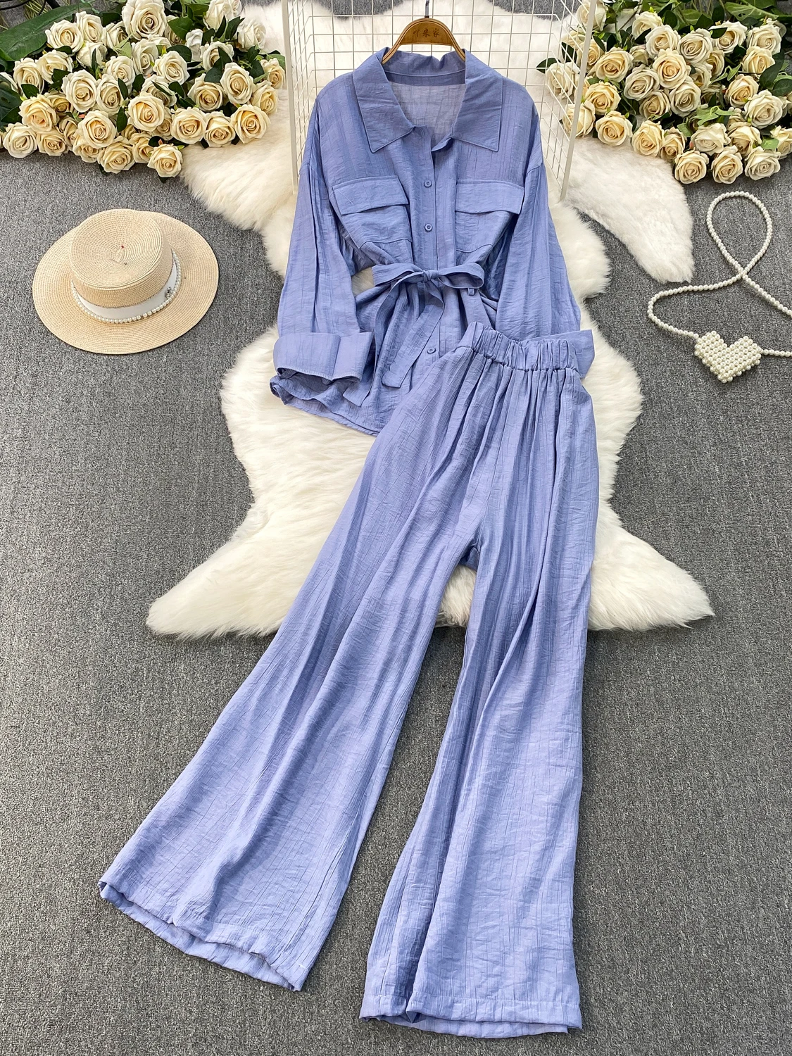 Elegant Sun Protection Shirt Casual Loose Wide Leg Pants Two Piece Set High Waist Straight Cut Long Sleeve Button up Women's ...