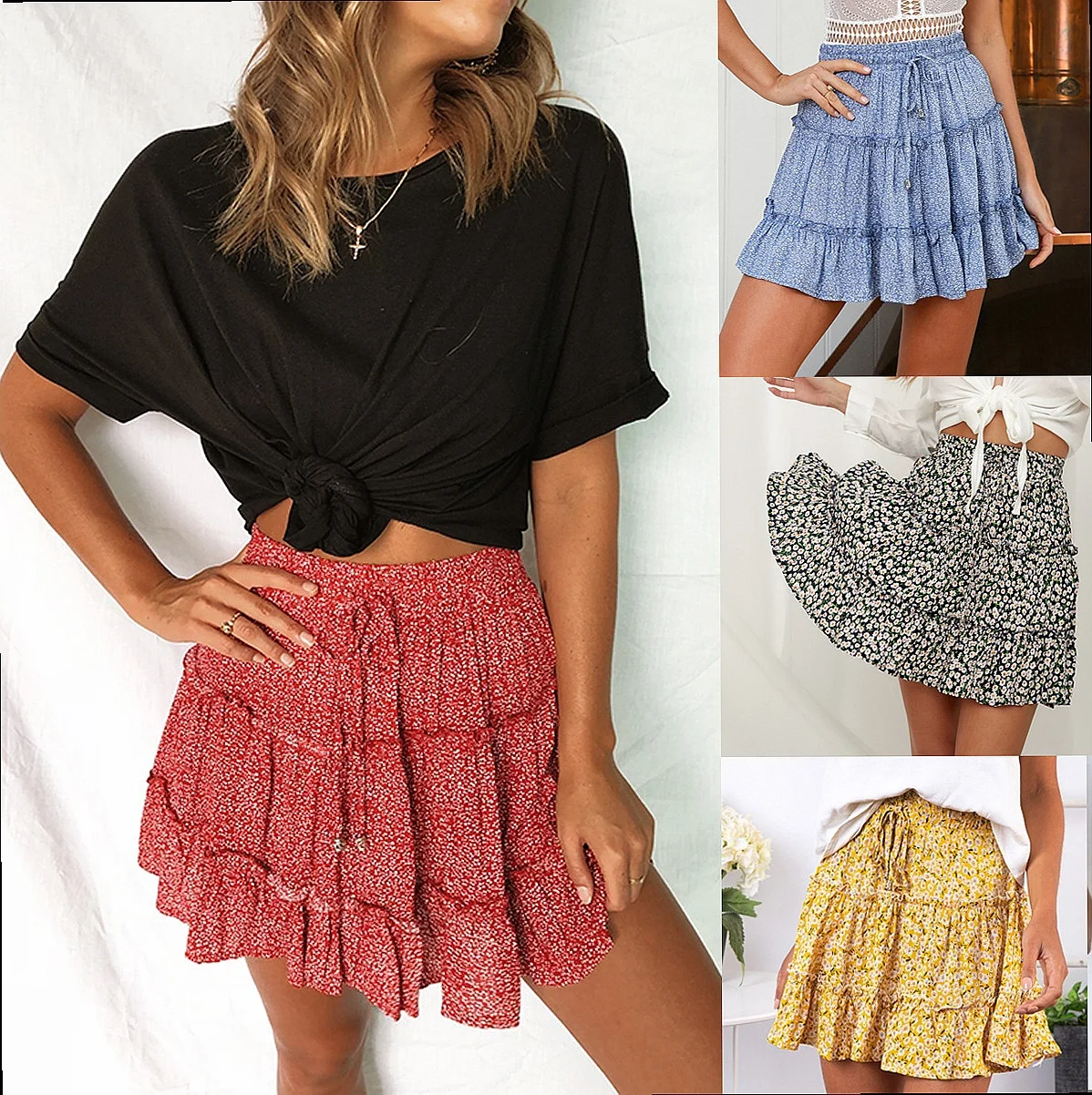 High Waist Ruffle Floral A Line Skirt Short Skirts Summer Spring Women Mini Skirts