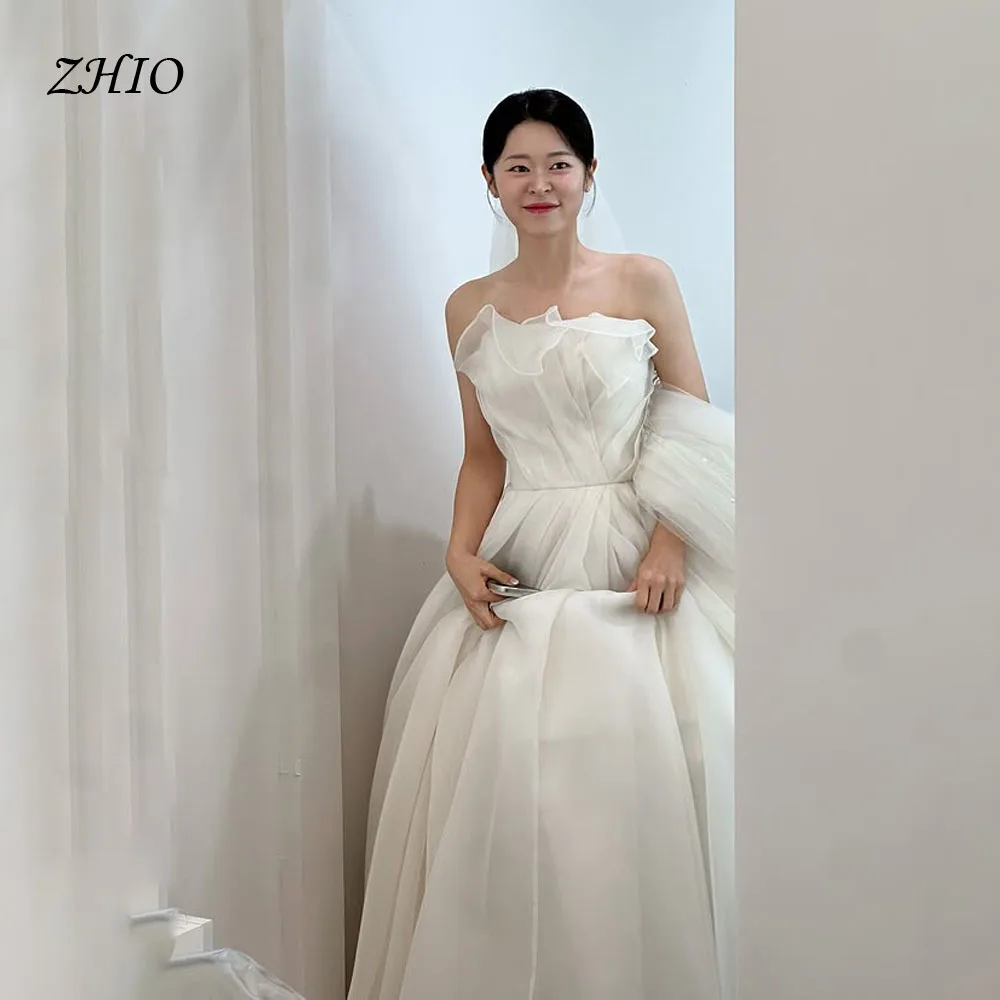ZHIO 우아한 러플 스트랩리스 웨딩 파티 드레스 아이보리 오간자 한국 사진 촬영 신부 리셉션 가운 맞춤 웨딩드레스