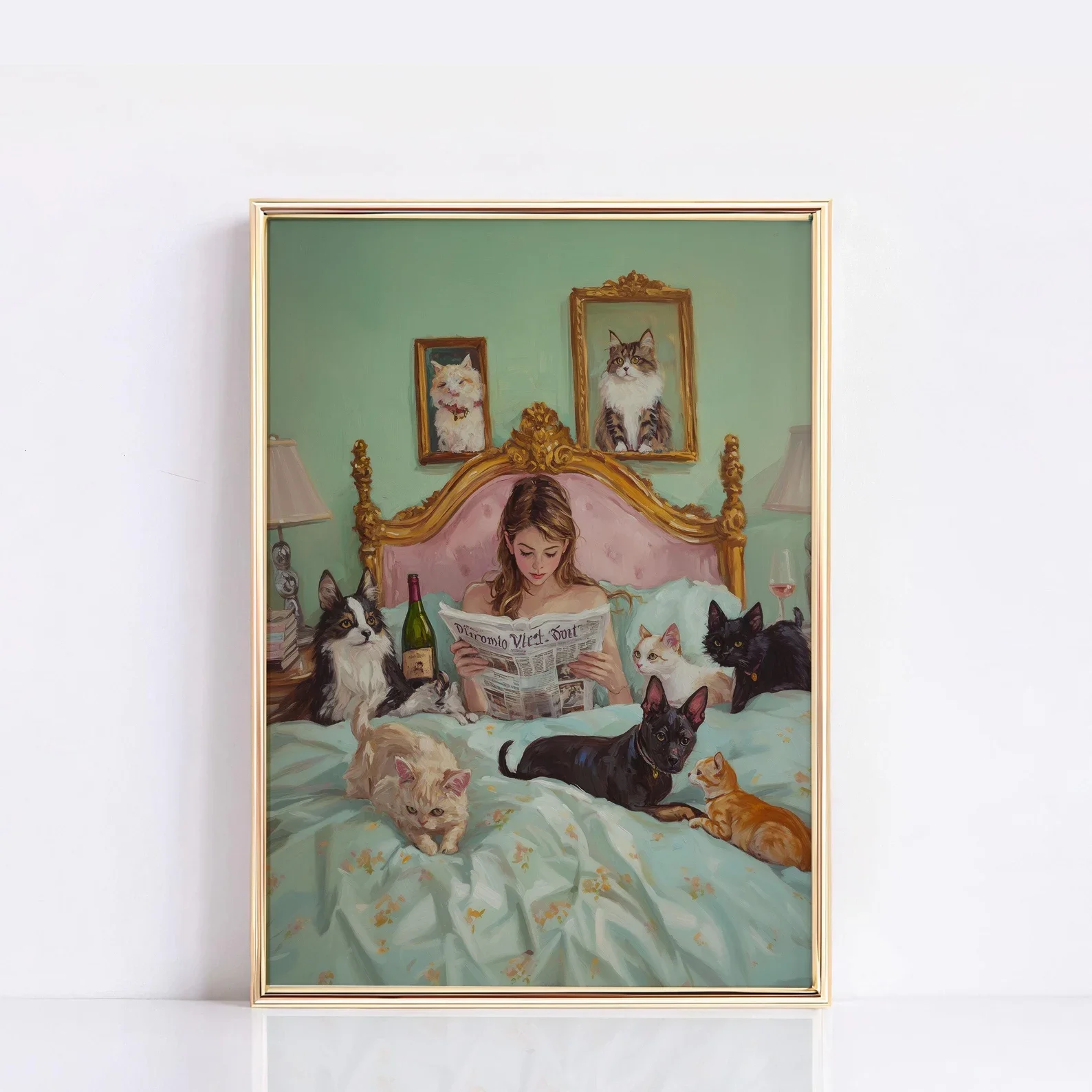 Impresión artística fantasiosa para amantes de los gatos – Ilustración de mujer leyendo con gatos – Arte de pared para dormitorio para madres de gatos – Estilo vintage con temática de gatos