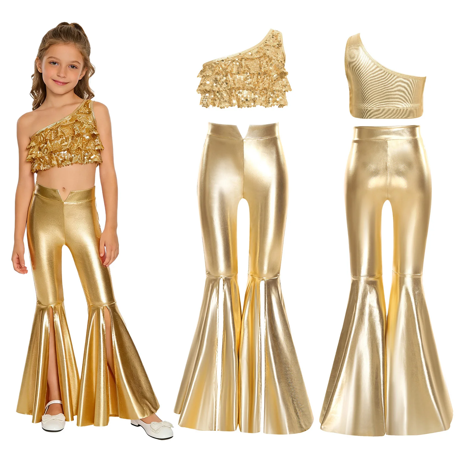 Kids Girls 70s Disco Jazz Dance Performance Costume Shiny Sequins Crop Top with Metallic Flared Pants for Carnival Theme Party