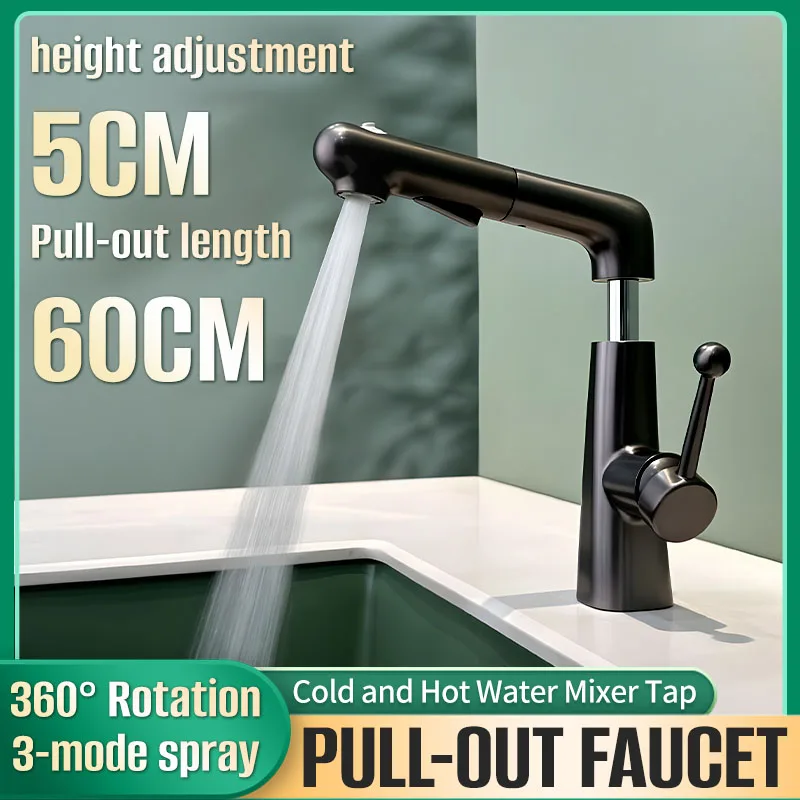 

Multifunctional 60cm Pull-out Tap 360° Rotation 5cm Height Adjustment 3-mode spray Cold/Hot Water Mixer Faucet Solid Brass Body