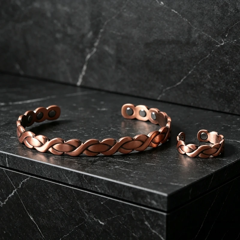 Jewelry-Set Magnetic Copper Bracelet Ring Healing Energy Women Braide Solid Copper Adjustable Open Cuff Bangles Resizable