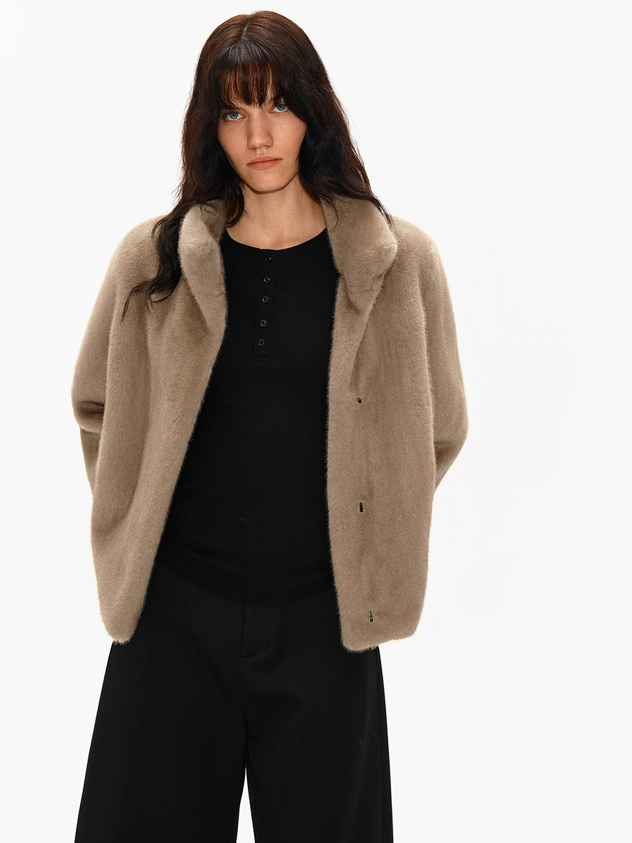 2026 Autumn Winter Women Faux Mink Fur Jacket High Stand Collar Hidden Snap Cropped Coat Camel