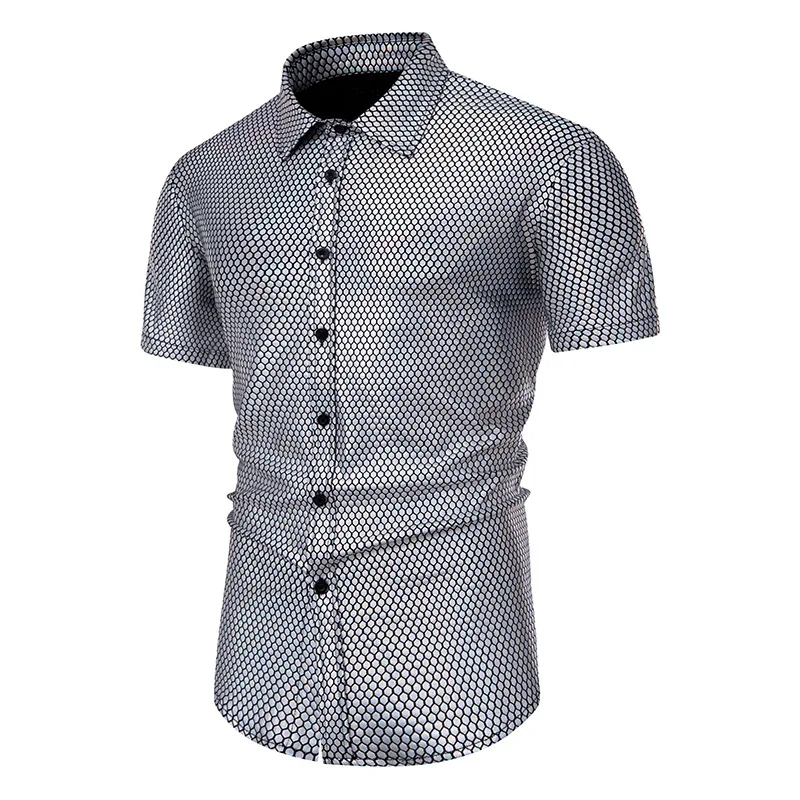 70’s Disco Men‘s Metallic Shirts For Party Stylish Stage Performance Mens Short Sleeve Shirt Loose Prom Nightclub Chemise Hombre