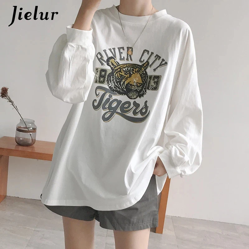 Jielur Harajuku Long Sleeve Funny Cartoon Women\'s T-Shirts Autumn Women Casual M-XXL Size T Shirt White Long Streetwear T-Shirt