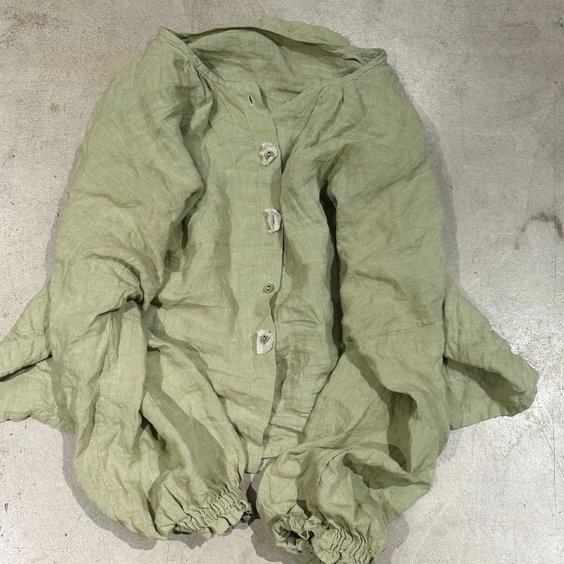 Kobiety 100% Ramie bufiaste rękawy wysokiej jakości jednorzędowa koszula i topy 2025 letnie długie rękawy przyczynowy oryginalny Design Blusa